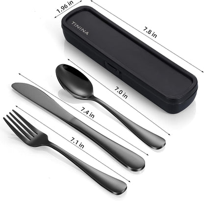 Travel Utensils with Case, 4-Piece Stainless Steel Portable Cutlery Set, Reinforced Case with Buckle Design, Lunch Box for Camping Work School, Include Fork Spoon Knife, Dishwasher Safe, Black
