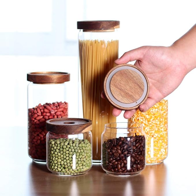 Glass Canisters Set of 5 for the kitchen, Glass Storage Container jars with Airtight Acacia Lid for Coffee Beans, Flour, Sugar, Rice and Spaghetti and etc