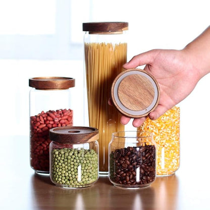 Glass Canisters Set of 5 for the kitchen, Glass Storage Container jars with Airtight Acacia Lid for Coffee Beans, Flour, Sugar, Rice and Spaghetti and etc