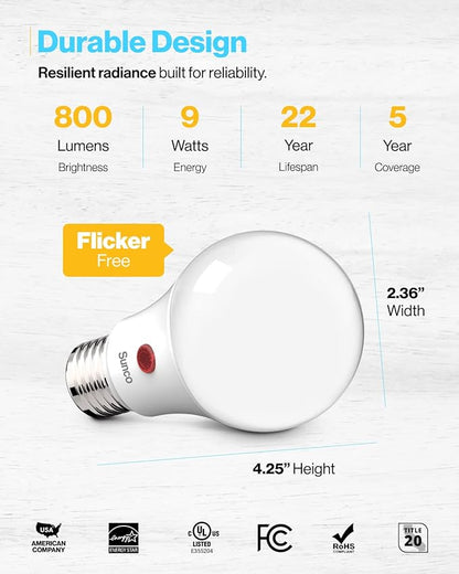 Sunco 8 Pack Dusk to Dawn LED Outdoor Light Bulb A19, Photocell Automatic for Exterior Lighting, 800 LM, 9W (60W Eqv.), 3000K Warm White, Auto On/Off Sensor, IP65 Rated UL