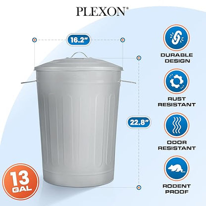 Plexon Round Trash Can 13 Gallon, Vintage Metal Outdoor Trash Can with Lid, Retro Farmhouse Garbage Container, Old School Modern Ash Bucket, Gray