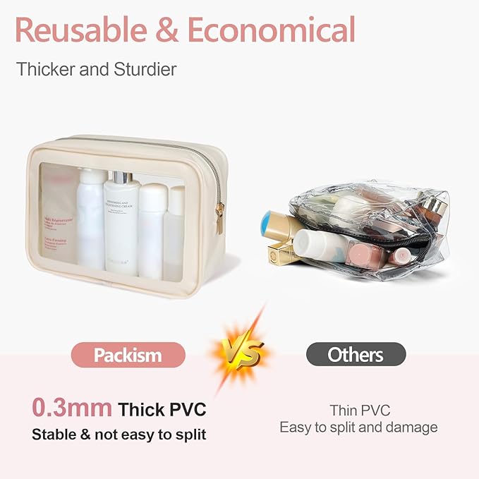 PACKISM Clear Makeup Bag - Soft Plastic Color-Edged TSA Approved Toiletry Bag, Reusable Clear Toiletry Bags with Golden Zipper, Beige