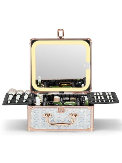 Qislee Makeup Box with A Detachable Lighted Mirror, Waterproof Travel Train Case, Cosmetic Organizer and Makeup Suitcase with Adjustable Dividers, Magnetic LED Mirror(Sparkling Blue)