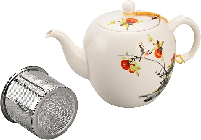 Teapot with Infuser Ceramic Tea Pot with Removable Stainless Steel Fliter for Loose Tea 15.80 OZ/450ml (1-2cups) Teapots for Tea Coffee Milk for Office Home Men Women White(Persimmon)