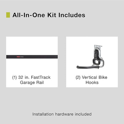 Rubbermaid FastTrack Garage Storage Bike Storage Kit, 3 Piece, All in One Rail Hook Kit Organizer, Heavy Duty Organization for Home/Garage/Wall/Shed