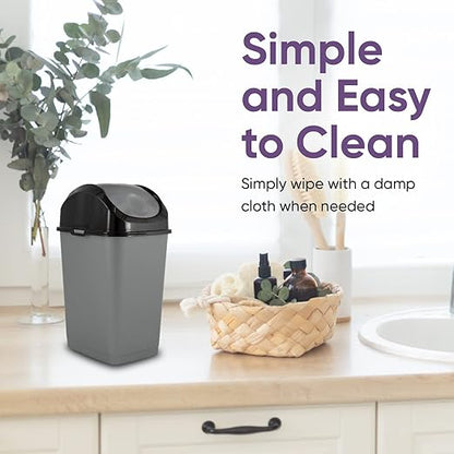 Superio Mini Plastic Trash Can with Swing Top Lid 1.25 Gallon Compact Small Waste Bin Portable Garbage Can for Countertop, Desktop, Make up Vanity, Bathroom, Car, Under Sink, Dorm 5 Qt (Grey/Black, 2)