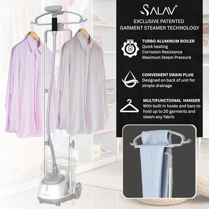 SALAV GS45-DJ Professional Upright Garment Steamer with Roll Wheels, Multi-Function Extra Wide Hanger, Fabric Brush & Mini Ironing Paddle, 1500 watts, Silver