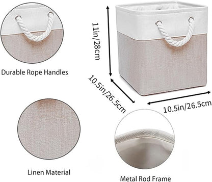 Cube Storage Bins, Collapsible Fabric Storage Cubes Bins, 11 Inch Cube Storage Bins with Handles, Foldable Storage Cubes (White/Beige, 6Pack)