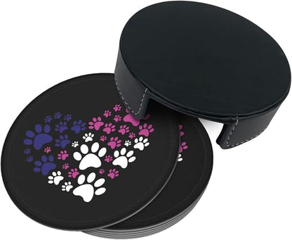 6 Pcs Cat Dog Paw Prints Heart Leather Coasters