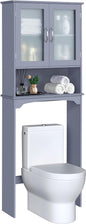 Yaheetech Over The Toilet Storage Cabinet, Free Standing Toilet Rack with Adjustable Shelves and Tempered Glass Doors for Bathroom Washroom, Grey
