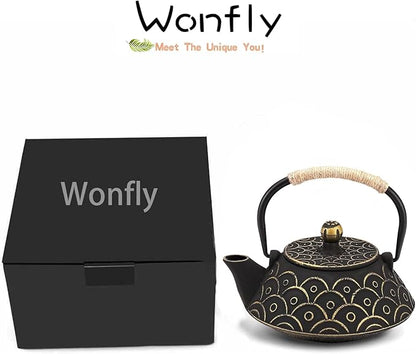 Japanese Tea Kettle Cast Iron Teapot, Teapot Infuser Strainer Set Chinese Black with Gold Wave Pattern with Stainless Steel Filter 30oz/0.9L