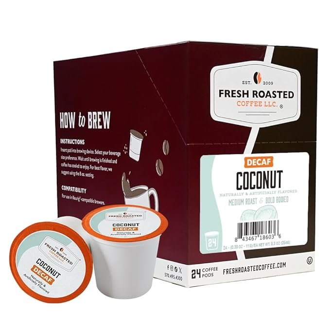 Fresh Roasted Coffee, Decaf Coconut, Flavored Coffee Pods, 24 Count