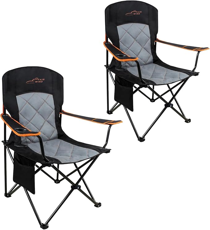 FAIR WIND 2 Pack Oversized Fully Padded Camping Chair Heavy Duty Quad Fold Arm Chair Support 350 LBS with Cup Holder, Collapsible Lumbar Back Chair Portable for Outdoor, Black