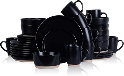 Stone Lain Jules Modern Stoneware 32-Piece Round Black Dinnerware Set, Plates and Bowls Sets, Dish Set for 8, Black