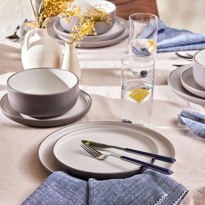 Karaca Riley 18-Piece Stoneware Plates and Bowls Set - Kitchen Dinnerware Sets for 6 - Grey Elegant Design Dish Set for Family Meals and Entertaining & Dishwasher Safe