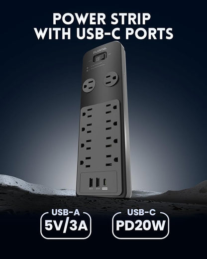 Surge Protector Power Strip 10FT, PLUGTUL Surge Protector with 10 Outlets - Spacious Design for Large Plugs, Flat Plug, 20W USB C Charging for Home, Office, ETL Listed，2040J