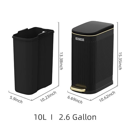2.6 Gallon Slim Bathroom Trash Can with Soft Close Lid, 10L Stainless Steel Garbage Can with Removable Liner Bucket, for Narrow Spaces, Bathroom, Bedroom (Matt Black)
