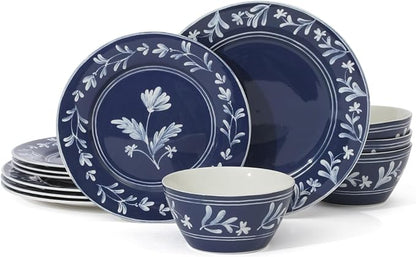 Martha Stewart Maiden Crown 12-Piece Sky Blue Dinnerware Set – Vegan Bone China Ceramic Plates & Bowls – Floral Design – Service for 4 – Microwave & Dishwasher Safe
