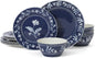 Martha Stewart Maiden Crown 12-Piece Sky Blue Dinnerware Set – Vegan Bone China Ceramic Plates & Bowls – Floral Design – Service for 4 – Microwave & Dishwasher Safe