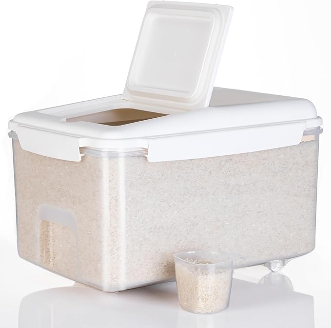 LivLab Mker Rice Storage Container 20 lbs - 15 lbs Airtight Flour Dispenser with Lids & wheel, BPA Free, kitchen organizers for Pet/Cat/Dog Food Storage Container (10 lbs), White