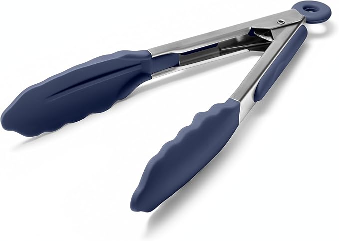 Doosu Kitchen Tongs for Cooking - 600°F Heat Resistant Food Tong with Non-Scratch Silicone Tips, Heavy Duty Stainless Steel Locking Tong for BBQ, Grilling Steak, Serving Salad Pasta (7in, Navy Blue)