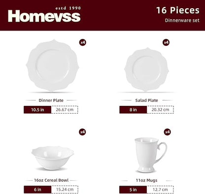 HomeVss, New Bone China Dinnerware Set, Embossed Lotus, 16pc Set