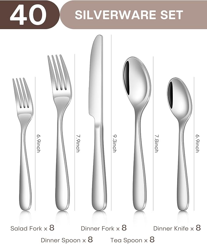 Silverware Set, 40PCS Premium Stainless Steel Flatware Set Service for 8 with Spoon Fork Knife Utensil Set for Dairy Kitchen Use Dinning Cutlery Tableware Set Mirror Polished, Dishwasher Safe