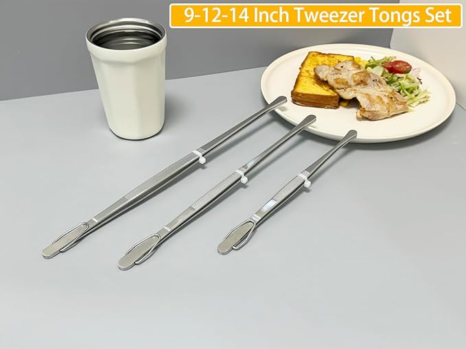 JETKONG 3 Pcs Extra Long Kitchen Tweezers Heavy Duty Stainless Steel Cooking Tweezers (9 12 14 Inch, Silver)