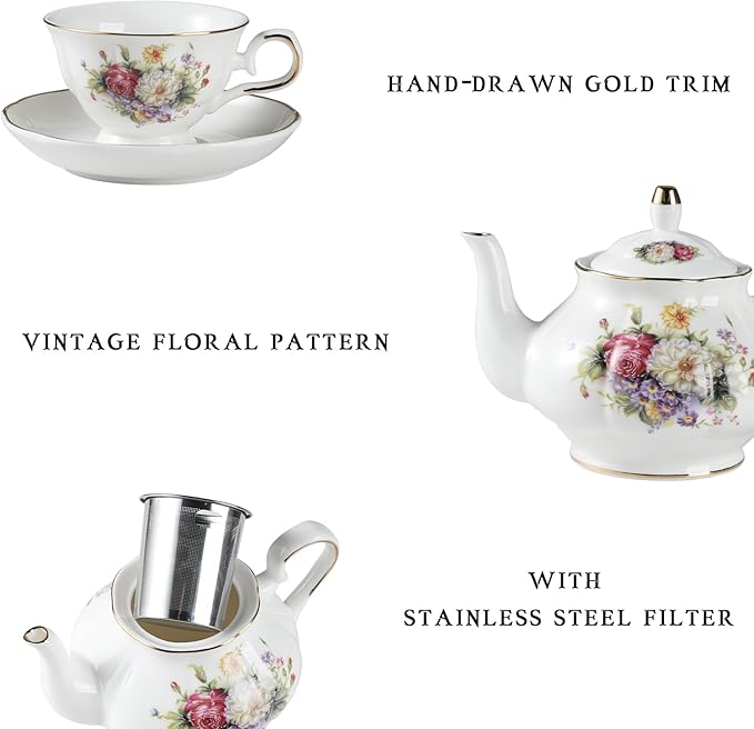 Sweejar Ceramic Teapot with Infuser, Floral Relief Gold Rimmed Teapot, 29 OZ Porcelain Tea Pot for Blooming and Loose Tea, Coffee...(Flower Style)