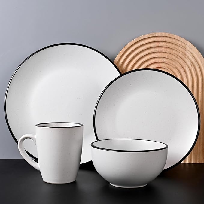 Homlouue 16 Pieces Stoneware Dinnerware Set, Speckled Ceramic Plates and Bowls Mugs Sets Service for 4, Ceramic Dishes Set, Microwave and Dishwasher Safe(White with Black Rim)