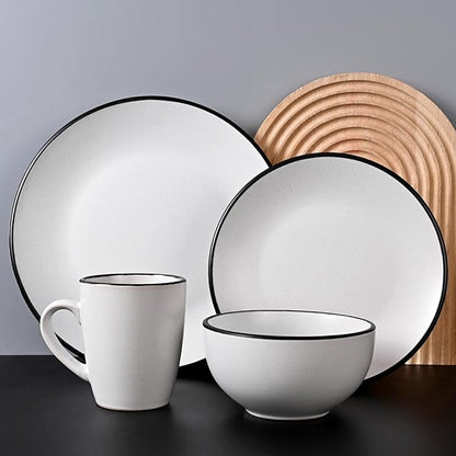 Homlouue 16 Pieces Stoneware Dinnerware Set, Speckled Ceramic Plates and Bowls Mugs Sets Service for 4, Ceramic Dishes Set, Microwave and Dishwasher Safe(White with Black Rim)