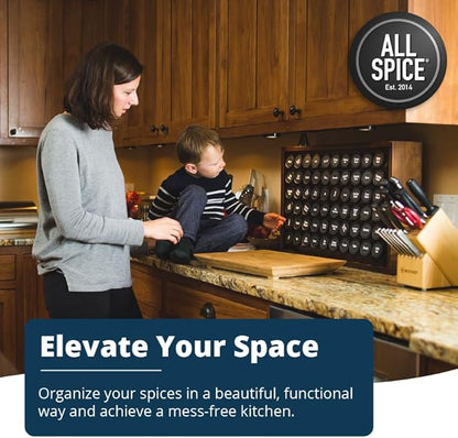 AllSpice Spice Rack Organizer, Wood, 525 Unique Labels, Countertop or Wall Mount, Includes 60 4oz Jars- Walnut Stain