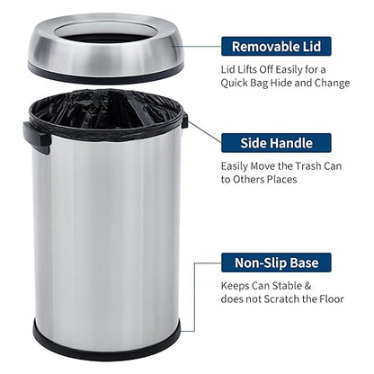 Garvee 17 gal/65 L Trash Can, Fingerprint-Proof Stainless Steel Open Top Garbage Can, Heavy Duty Commercial Round Trash Bin for Restaurant, Home, Office, Silver