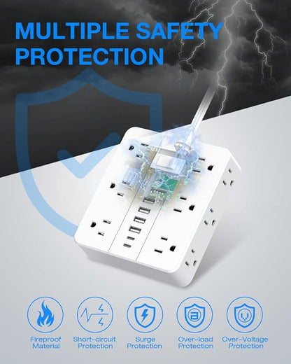 Surge Protector Power Strip 15 Ft Cord, HUNIAN Flat Plug Extension Cord with 12 Widely Spaced Outlets 6 USB Charger (2 USB C Ports), Desk Charging Station for Home Office Supplies, Dorm Room, White
