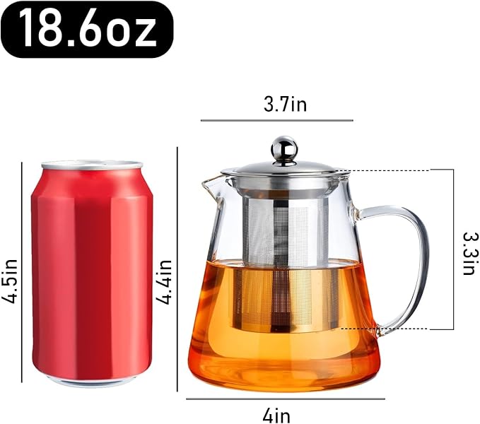 PARACITY Glass Teapot Stovetop 18.6 OZ, Borosilicate Clear Tea Kettle with Removable 18/8 Stainless Steel Infuser, Teapot Blooming and Loose Leaf Tea Maker Tea Brewer for Camping, Travel (550ML)