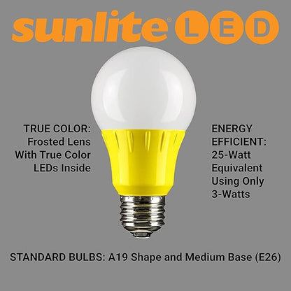 Sunlite 40472 LED A19 Colored Light Bulb, 3 Watts (25w Equivalent), E26 Medium Base, Non-Dimmable, UL Listed, Party Decoration, Holiday Lighting, 6 Count, Amber