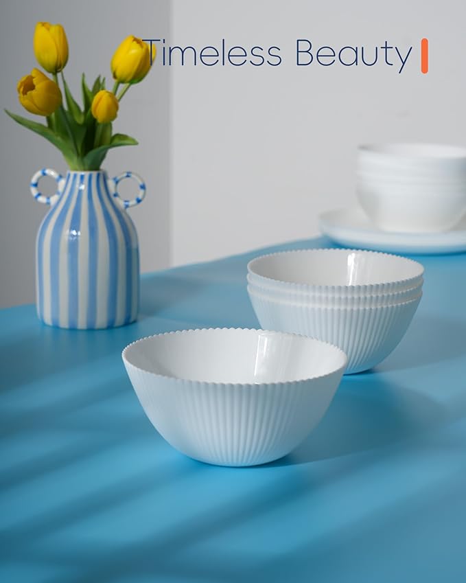 20 OZ Max White Opal Glass Cereal Bowl Set of 6, 6 inch Dishwasher & Microwave Safe Round Ribbed Bowls for Kitchen, Salad, Soup and Rice