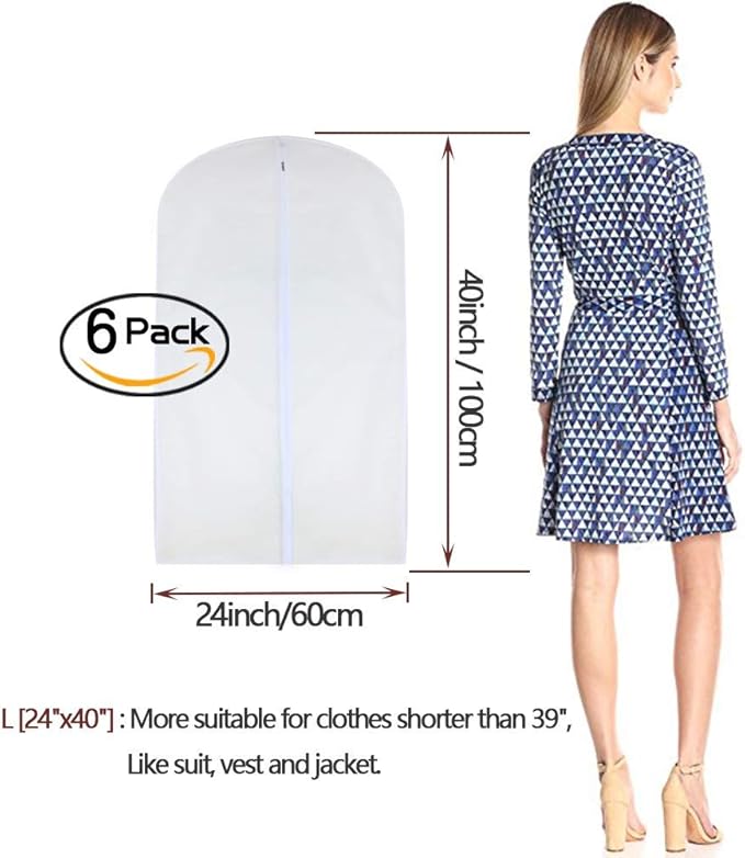 Garment Bags for Hanging Clothes 24'' x 40'' Suit Hanging Garment Bags White Breathable Suit Covers for Closet Full Zipper Dust Cover for Suits Dance Clothes Closet Pack of 6