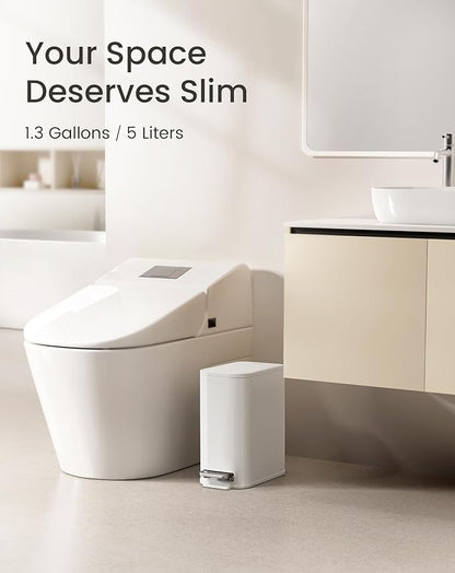 Cesun Small Bathroom Trash Can with Lid Soft Close, Step Pedal, 5 Liter / 1.3 Gallon Stainless Steel Garbage Can with Removable Inner Bucket, Waste Basket for Bathroom, Bedroom (White)