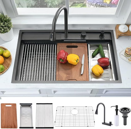 33 Inch Black Waterfall Kitchen Sink Workstation -Bokaiya 33x19 Drop In Kitchen Sink with Faucet Black Stainless Steel Waterfall Sink 16 Gauge Single Bowl Modern Kitchen Sinks with Cutting Board