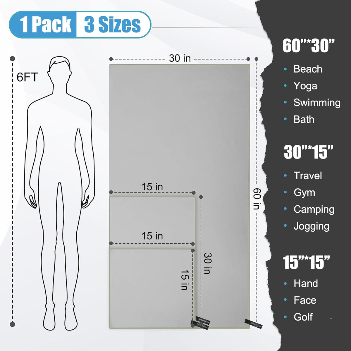 Quick Dry Travel Towel, 3 Sizes 1 Pack Camping Microfiber Towel, Lightweight Fast Drying Towels Set 60"x30", 30"x15", 15"x15" w/Bag for Gym, Beach, Hiking, Swimming, Grey