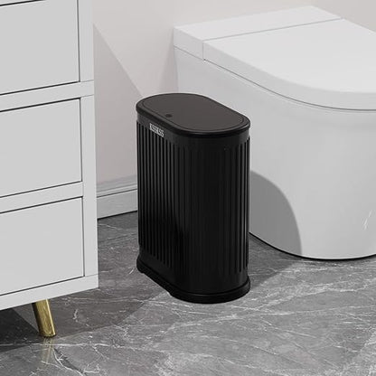 1.8 Gallons Small Stainless Steel Trash Can with Press Type Lid, Slim Bathroom Garbage Bin, Removable Liner Bucket, Dog Proof Narrow Wastebasket with Pop-Up Lid for Bedroom,Toilet (Matt Black)