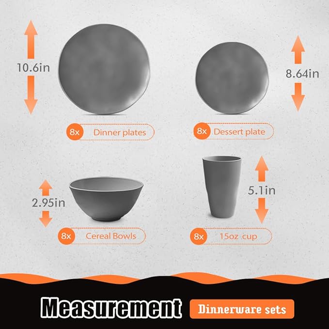 Teivio 32-Piece Kitchen Plastic Wheat Straw Dinnerware Set, Service for 8, Dinner Plates, Dessert Plate,Cereal Bowls,Cups, Unbreakable Plastic Outdoor Camping Dishes,Irregular Deep Gray