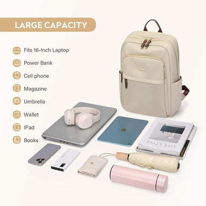 Hiking Travel Backpack for Women Casual Business Weekender Multilayer Laptop Bag,16 Inch,Apricot