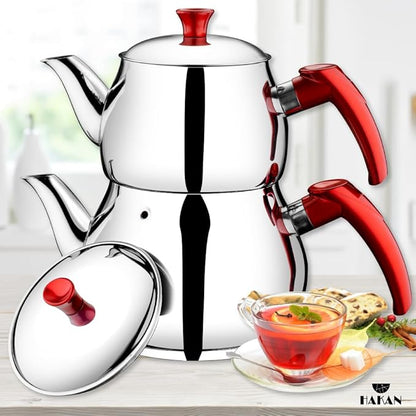 Hakan Stainless Steel 2 L, 67 Oz, Mini Double Bondy Tea Pot Set with Self Strainer Double Lids, Turkish Samovar Style Teapot Set, Tea Kettle for Loose Leaf Tea with Red Bakelite Handle 2.1-Quart