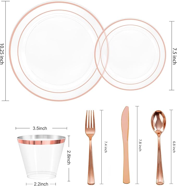 bUCLA 300PCS Clear Rose Gold Plastic Dinnerware - Rose Gold Disposable Dinnerware Set Include 50 Dinner Plates,50 Dessert Plates,50 Knives,50 Forks,50 Spoons,50 Cups for Party, Wedding & Mother’s Day