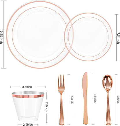 bUCLA 300PCS Clear Rose Gold Plastic Dinnerware - Rose Gold Disposable Dinnerware Set Include 50 Dinner Plates,50 Dessert Plates,50 Knives,50 Forks,50 Spoons,50 Cups for Party, Wedding & Mother’s Day