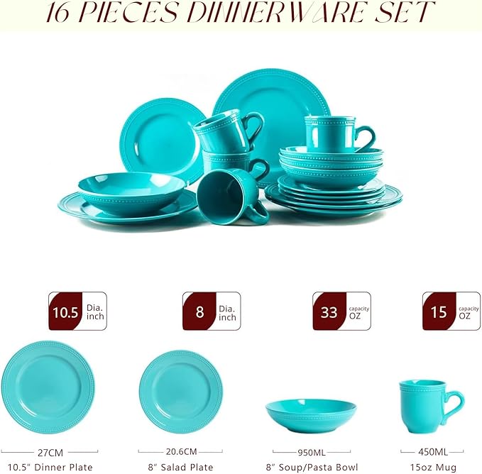 Pearl Dots Stoneware Dinnerware Set (16pc Set, Turquoise)