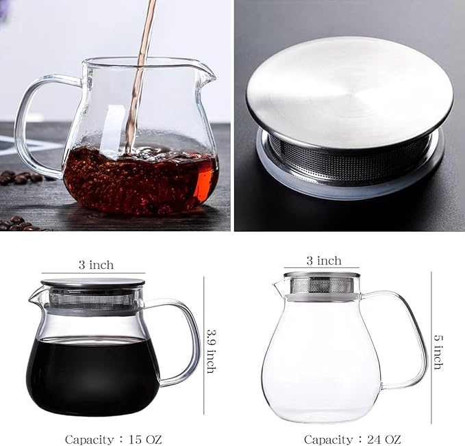 IwaiLoft Glass Teapot with Removable Stainless Steel Filter Lid Stovetop & Microwave Safe Borosilicate Glass Kettle for Loose Leaf, Blooming Tea And Coffee Sharing (15OZ)