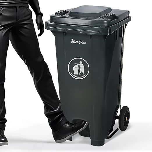32 Gallon Step-On Large Outdoor Trash Can with Lid and Wheels - Outside Plastic Rolling Garbage Can - Rollout Commercial Heavy-Duty Container Barrel, Gray